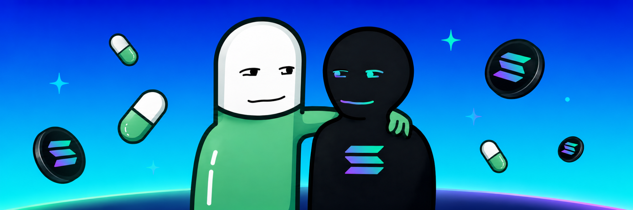 CRYPTOBROS banner with Solana coins and two characters